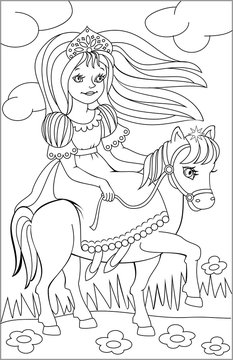 Page with black and white drawing of riding princess for coloring. Developing children skills for drawing. Vector image.