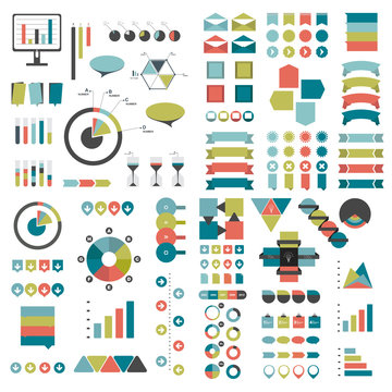 Mega set of infographics elements charts, graphs, circle charts, diagrams, speech bubbles. Flat and 3D design. Vector.