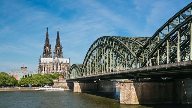 Time Lapse Sequence of Cologne Cathedral with Hohenzollern Bridge and Rhine River in Germany, 4K