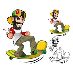 Hipster On Long Board Cartoon Character Include Flat Design and Line Art Version Vector Illustration