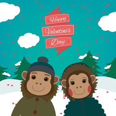 Valentines day card with romantic couple monkeys.Vector illustration