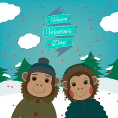 Valentines day card with romantic couple monkeys.Vector illustration