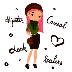 Hipster Casual Look with a Cute Girl Wearing Loafers, Blouse, Skirt, Scarf, Hat and Handbag