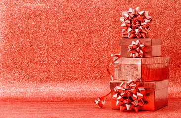 Red Holidays Decoration. Gifts with Ribbon Bow