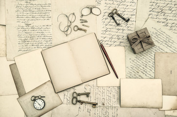 Vintage office accessories, book, handwritten letters