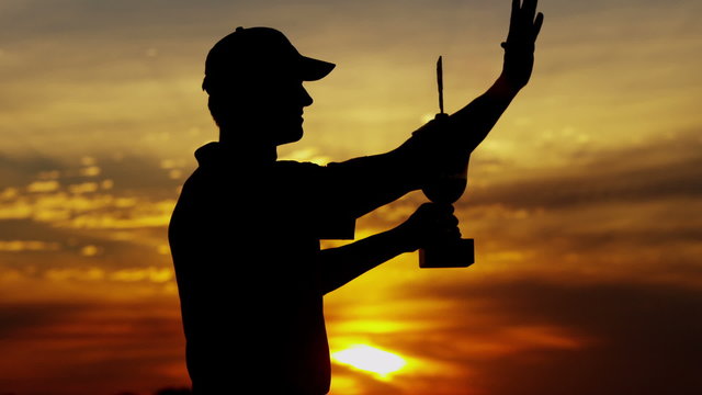 Sunset Golfer Caucasian Male Golf Sport Ceremony Competition Success Trophy Win