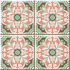 Vintage seamless wall tiles of round spiral flower, Moroccan, Portuguese.

