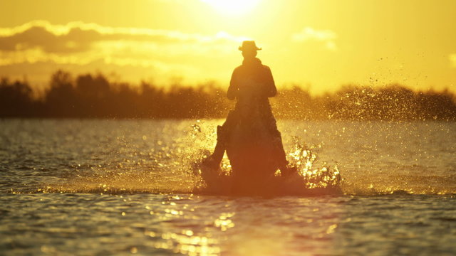 Cowboy Camargue rider animal horse sunrise galloping water