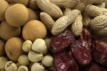 Close up of dried fruits, nuts and legumes. 
