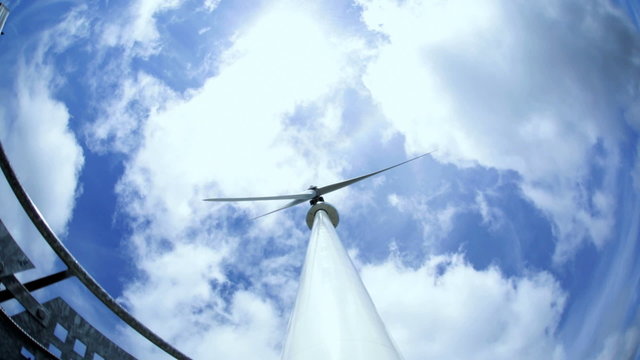 Wind Turbine exterior Fisheye vertical view blade motion Canada