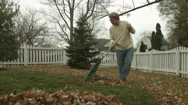 Teenager in jeans and sweater, raking up autumn leaves in suburban garden.  Rack focus to follow action, ending on leaf pile.  Originally recorded in 4K, UHD.