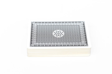 Blue deck of playing cards isolated on white background