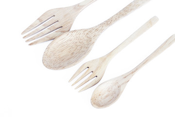 Wooden kitchen utensils isolated on white background