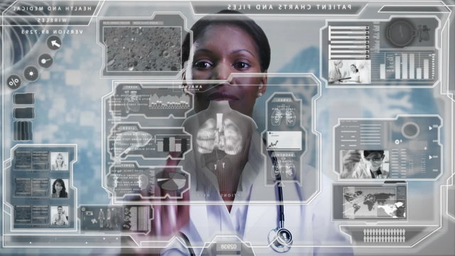 African American scientist female medical motion graphics human body 3D analysis