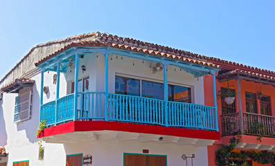 House with a blue balcony in Cartagena city, Columbia. Vintage buildings in Cartagena Walled City.