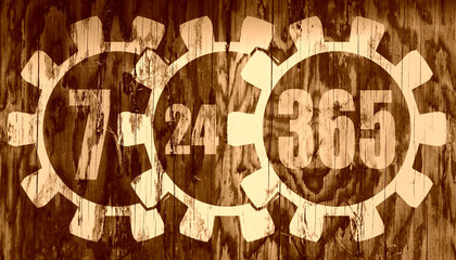 timing badge symbol 7, 24, 365 on wood texture
