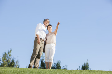 Happy mature couple looking at view in a park