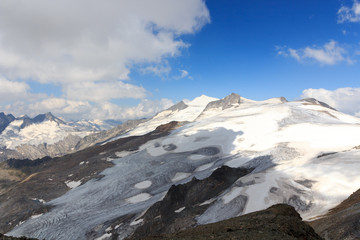 Mountain glacier panorama with summit Großvenediger south face in the Hohe Tauern Alps, Austria
