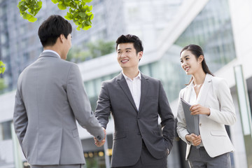 Young business person shaking hands outdoors