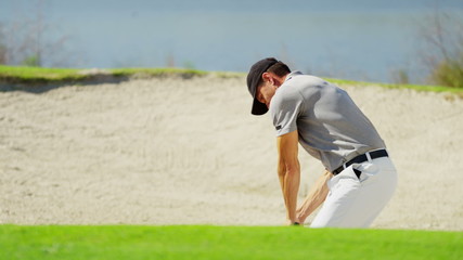 Caucasian Male Golf Sport Corporate Competition Sand Bunker Club Profession - Powered by Adobe