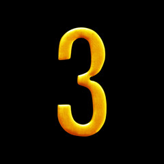 The number three golden arabic  isolated on black background.