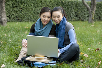 Two friends looking at a laptop while sitting outside in a grassy area