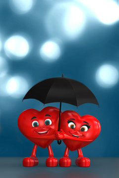 3d render of couple hearts sharing umbrella
