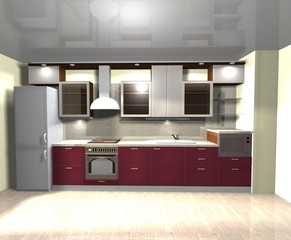 3D rendering interior design red  gray kitchen