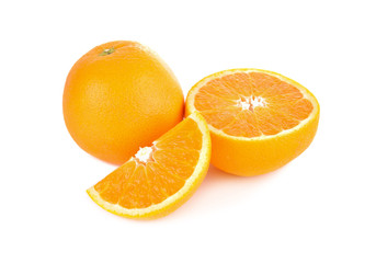 whole and half cut orange on white background