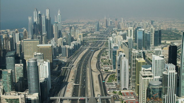 Aerial Dubai Skyscrapers Sheikh Zayed Road desert Dubai Metro UAE