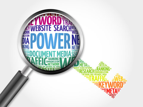 POWER Key word cloud with magnifying glass, business concept