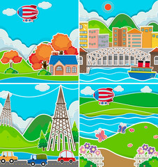 Fototapeta premium Four scenes of city and countryside