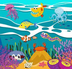 Naklejka na ściany i meble Fish and sea animals under the ocean