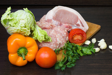 vegetables, meat, mushrooms