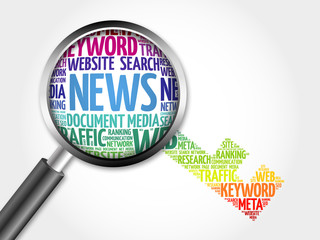News Key word cloud with magnifying glass, business concept