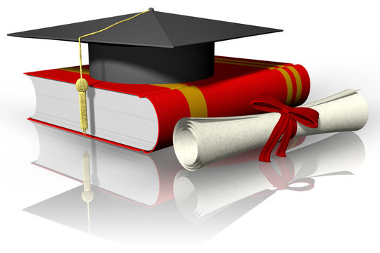 Laurea 001 Classico cappello da laureato su libro con accanto diploma di  laurea conseguita. Illustration Stock