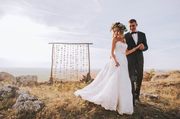 beautiful wedding couple in the mountains