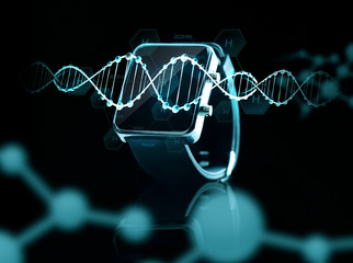 close up of black smart watch over dna molecules