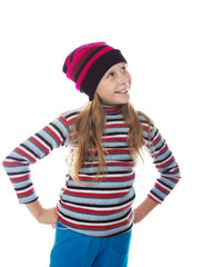 Beautiful girl in colored striped hat and sweater.