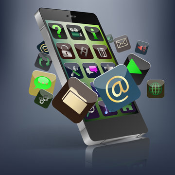 Touchscreen Smart Phone With Cloud Of Media Application Icons. Vector Image