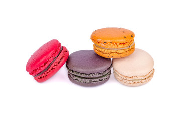 Sweet and colourful macaroons on white background.