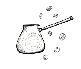 Sketch turkish coffee pot with coffee beans isolated
