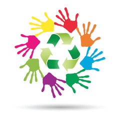 Vector concept circle of hands, green recycle symbol