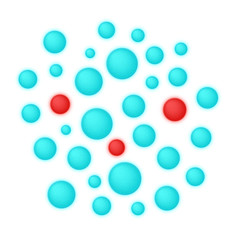 Red virus cells among other healthy cells on white background