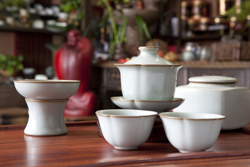 Close up of traditional Chinese tea set