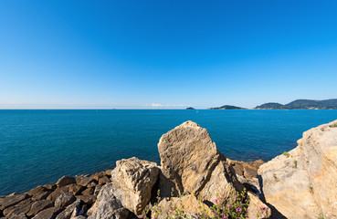 Fototapeta na wymiar Gulf of La Spezia - Liguria Italy / Panorama of the Gulf of La Spezia (The Gulf of Poets) Liguria Italy, in the background Portovenere, Palmaria Island and Tino
