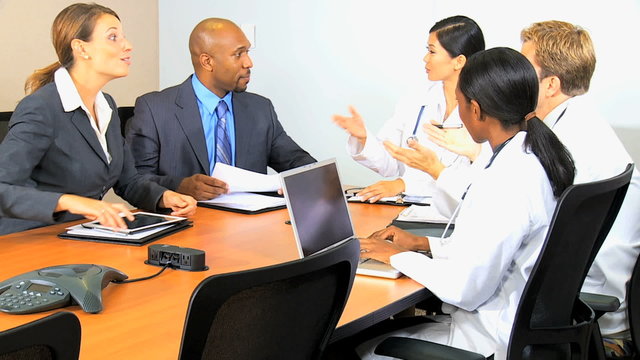 multi ethnic male female medical consultant manager finance planning technology