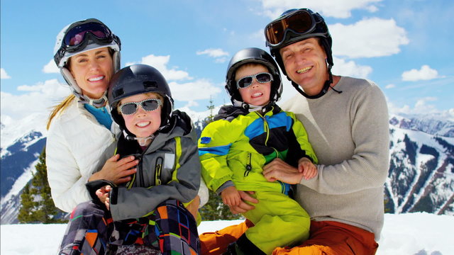 portrait snow outdoor lifestyle Caucasian family sons sport promotion