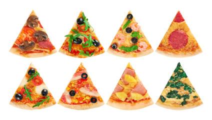 Pieces of pizza on a white background. Collection.