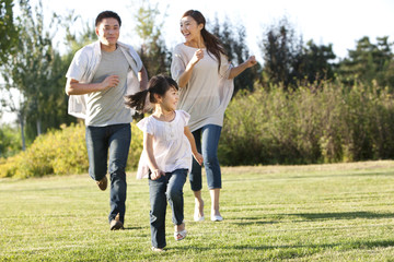 Young family running in a field